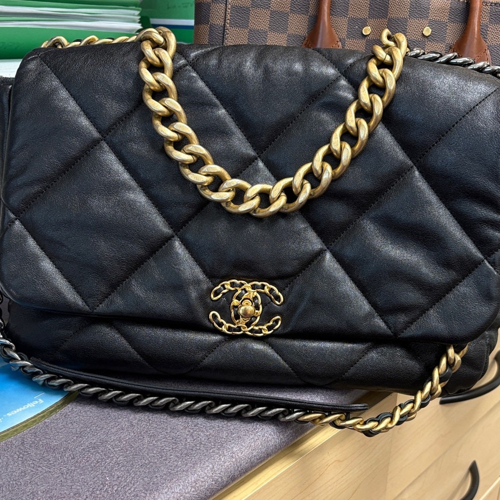 Chanel Maxi Black Quilted Goatskin Leather 19 Flap with Gold Chain